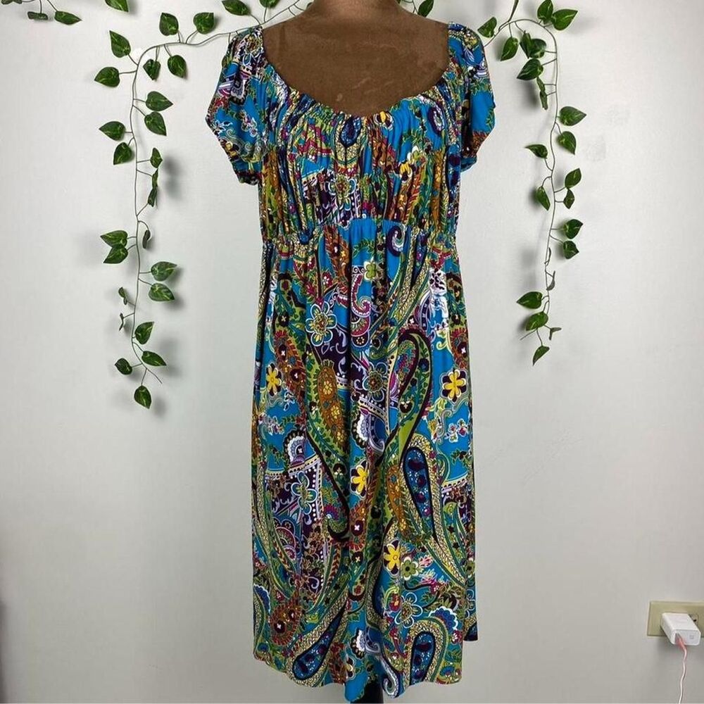 Y2k hippie paisley print midi dress Multi-colored short sleeves smocked flowy